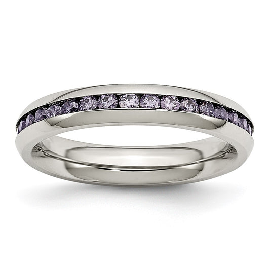 Chisel Stainless Steel Polished 4mm February Purple CZ Ring