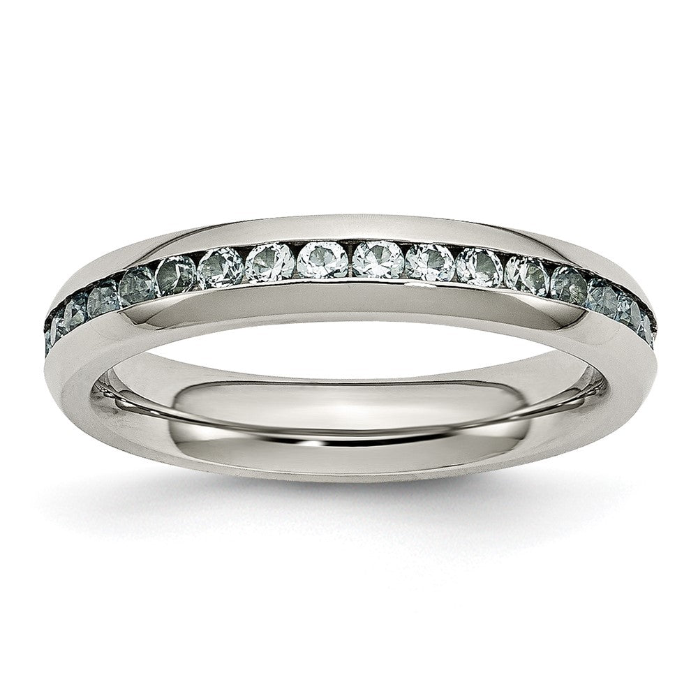 Chisel Stainless Steel Polished 4mm March Light Blue CZ Ring