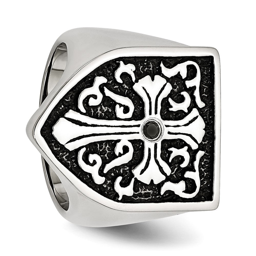 Chisel Stainless Steel Antiqued and Polished 1/20 Carat Black Diamond Shield Ring