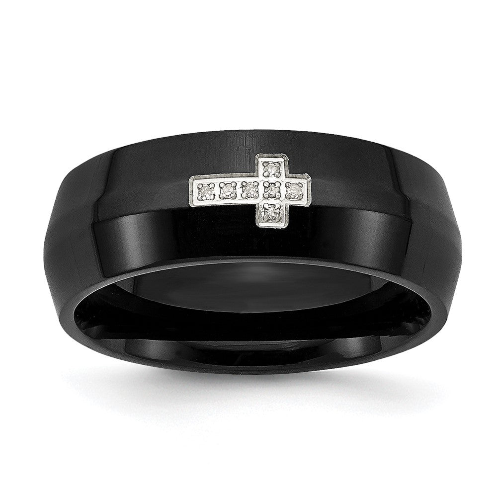 Chisel Stainless Steel Polished Black IP-plated 2pt Diamond Cross 8mm Band