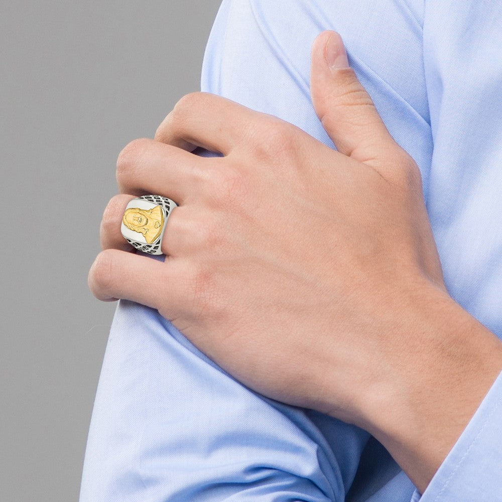 Chisel Stainless Steel with Sterling Silver Jesus Yellow IP-plated Polished Ring
