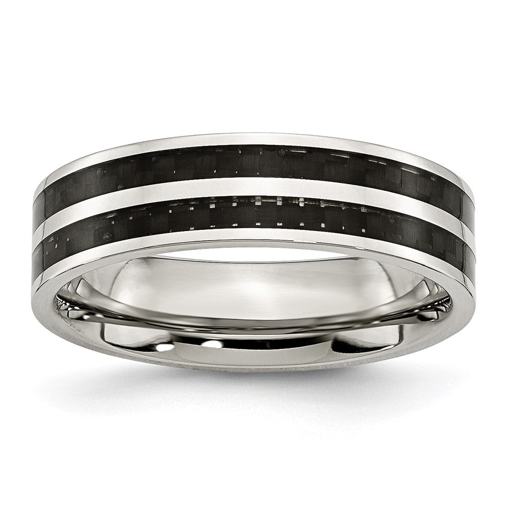 Chisel Stainless Steel Polished with Double Row Black Carbon Fiber Inlay 6mm Band