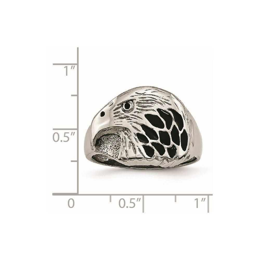 Chisel Stainless Steel Polished and Textured Black Enameled Eagle Ring