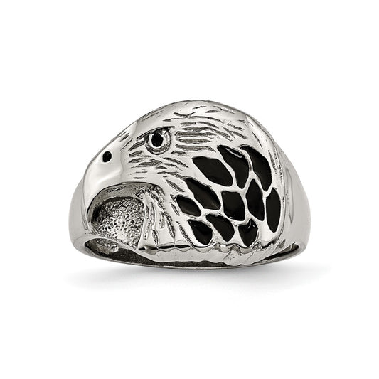 Chisel Stainless Steel Polished and Textured Black Enameled Eagle Ring