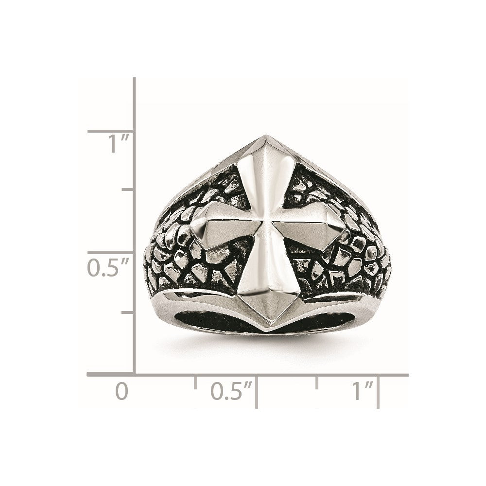 Chisel Stainless Steel Antiqued Polished and Textured Cross Ring