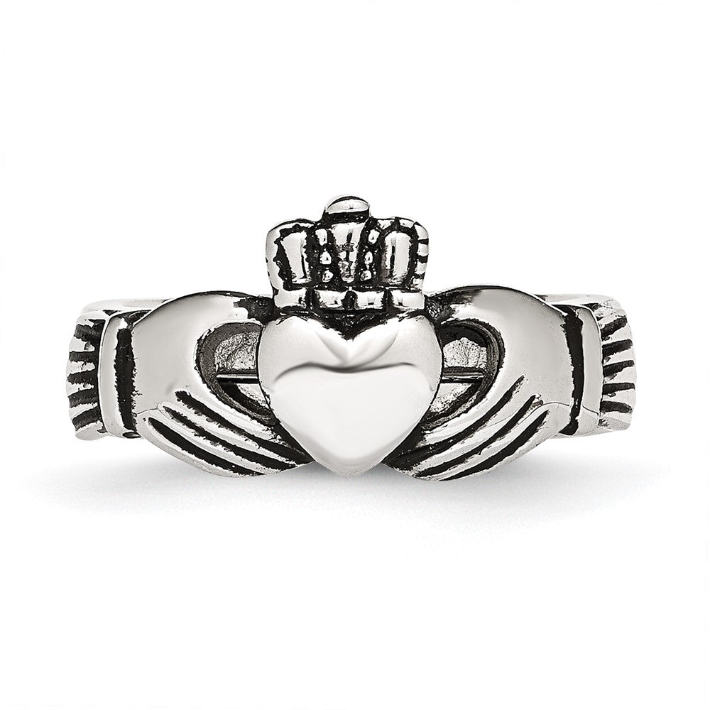 Chisel Stainless Steel Antiqued Love, Loyalty, Friendship Claddagh Hinged Ring