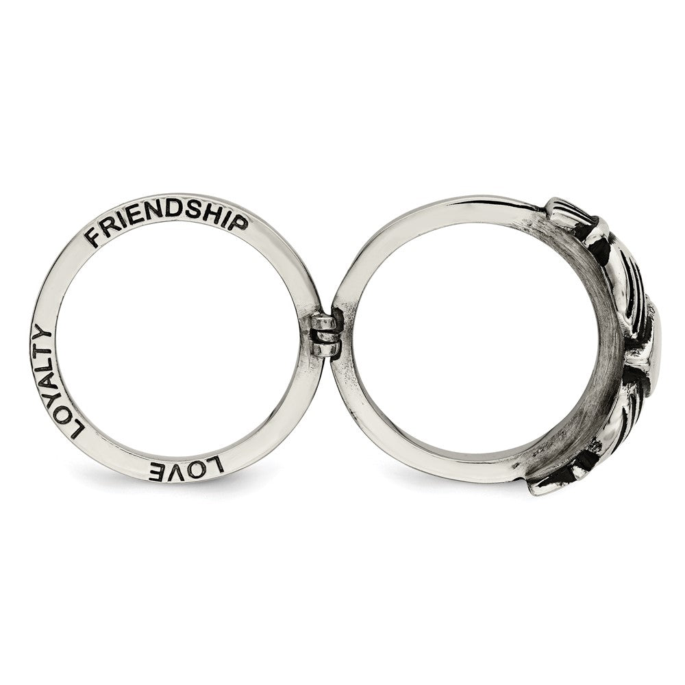 Chisel Stainless Steel Antiqued Love, Loyalty, Friendship Claddagh Hinged Ring