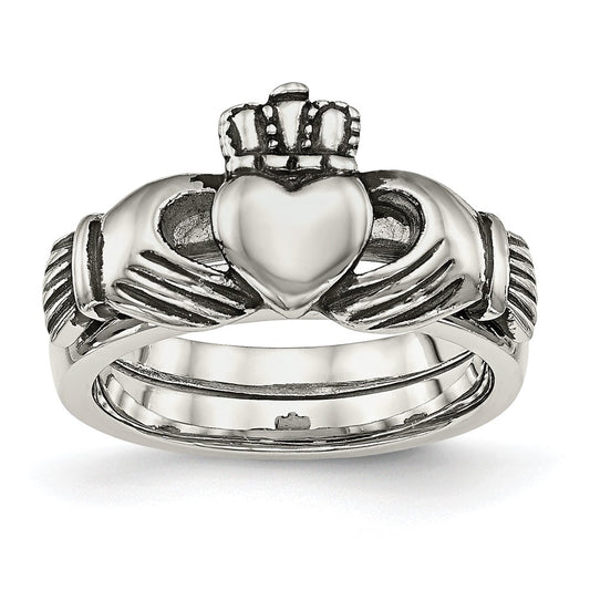 Chisel Stainless Steel Antiqued Love, Loyalty, Friendship Claddagh Hinged Ring