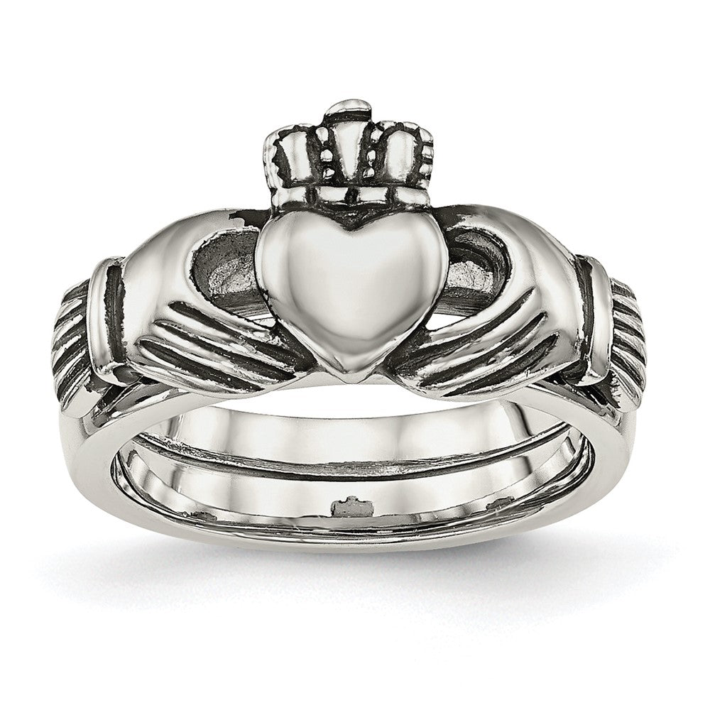 Chisel Stainless Steel Antiqued Love, Loyalty, Friendship Claddagh Hinged Ring