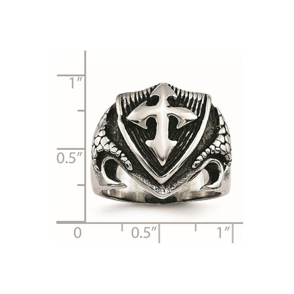 Chisel Stainless Steel Antiqued Polished and Textured Shield Ring