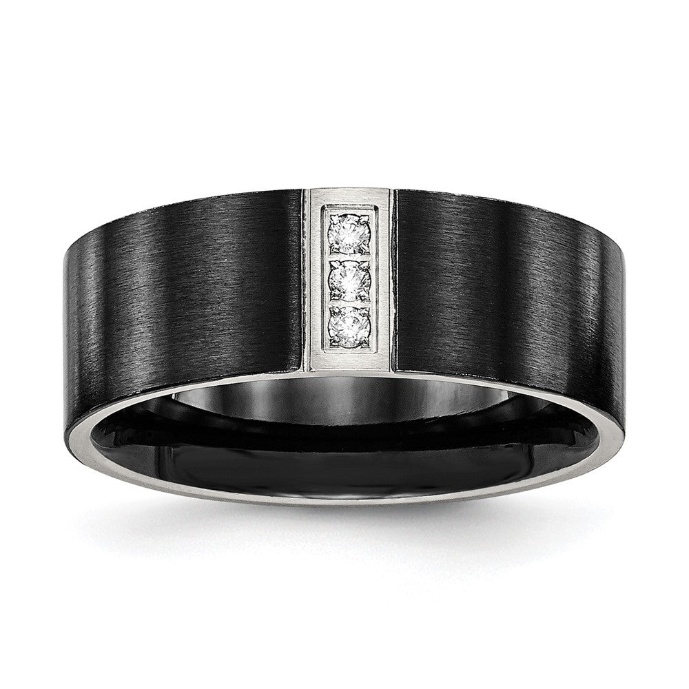 Chisel Stainless Steel Brushed Black IP-plated with CZ 8mm Flat