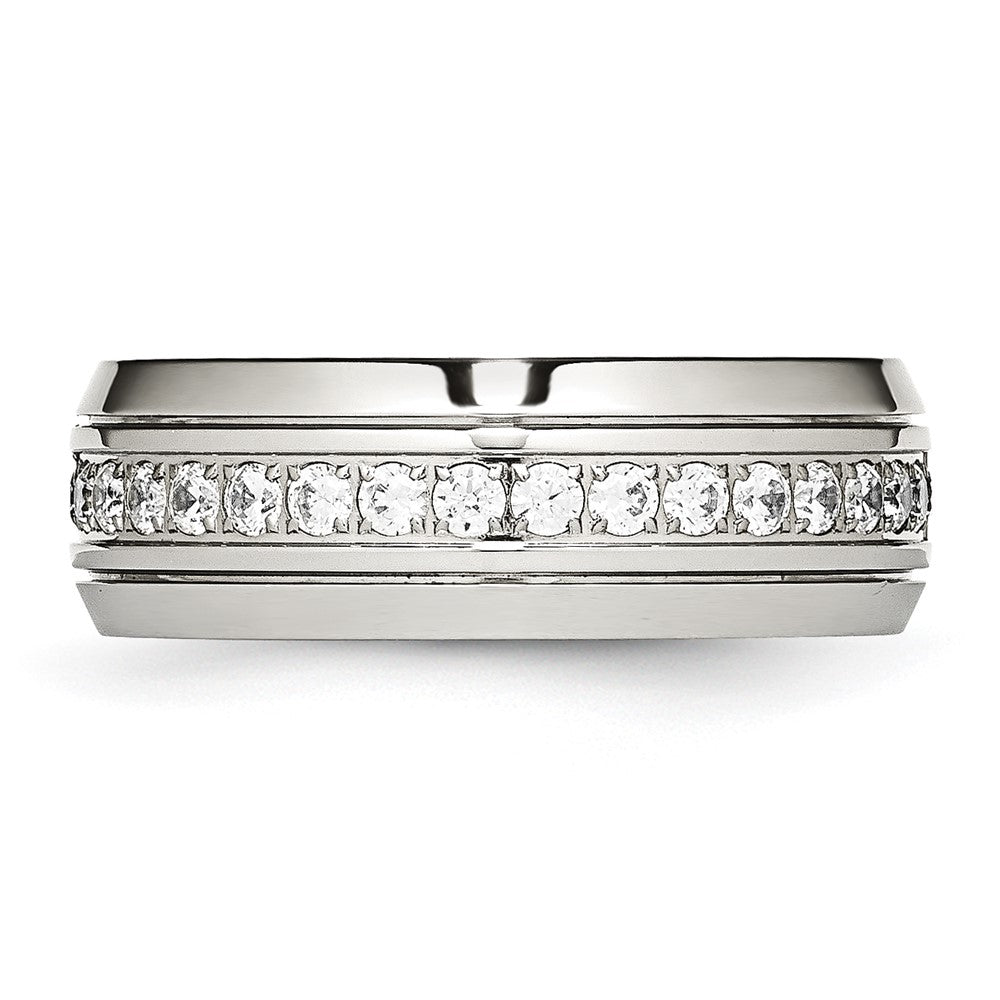 Chisel Stainless Steel Polished and Grooved with CZ 8mm Half Round Band