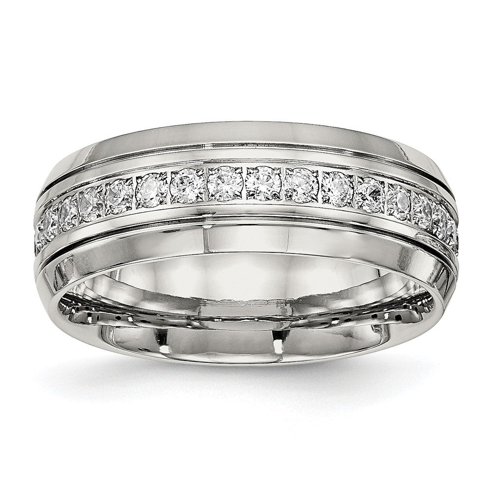 Chisel Stainless Steel Polished and Grooved with CZ 8mm Half Round Band