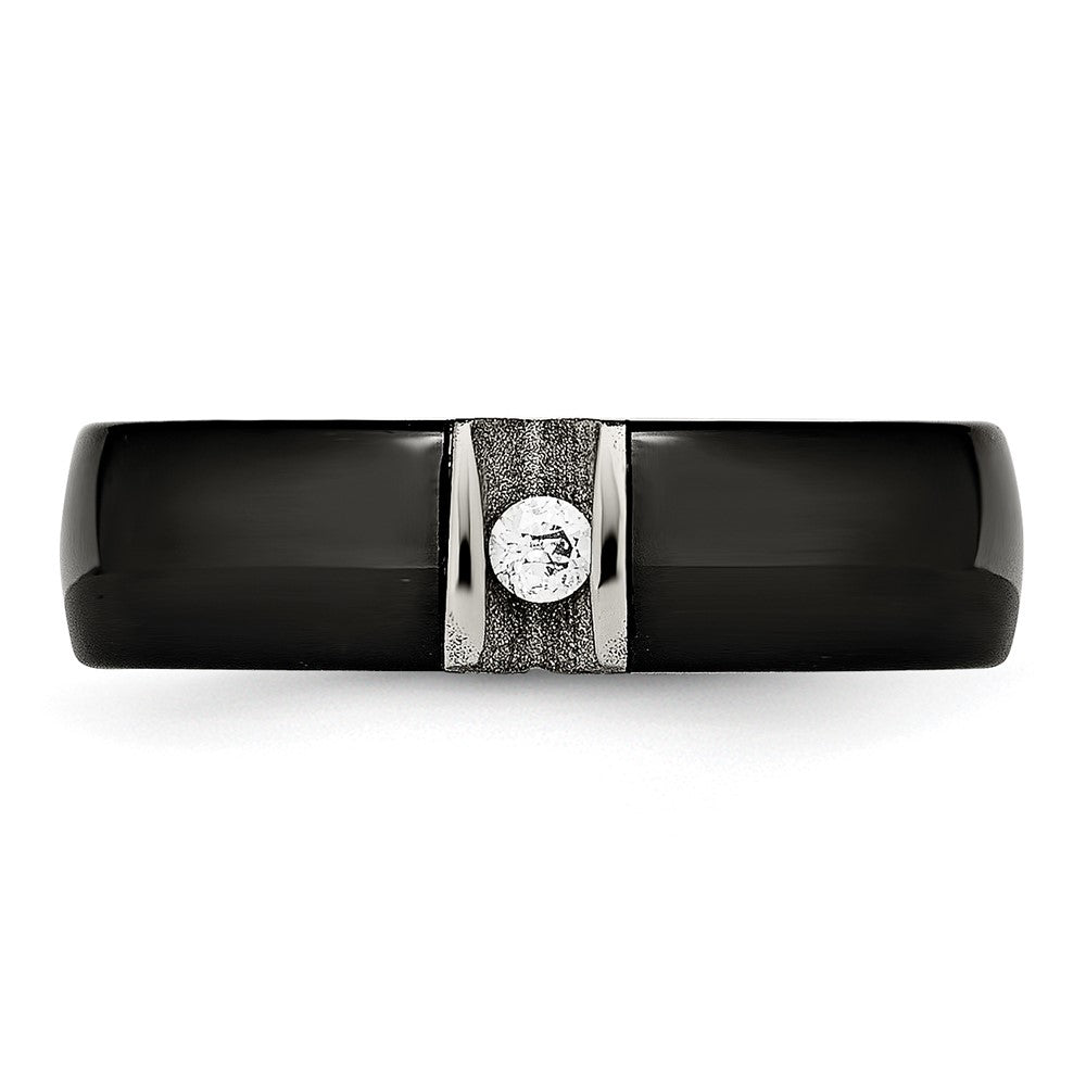 Chisel Stainless Steel Polished and Laser Cut Black Ceramic with CZ Ring