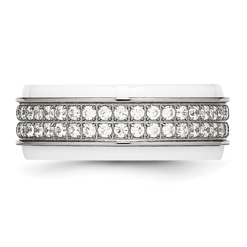 Chisel Stainless Steel Polished White Ceramic CZ Ridged Edge Ring