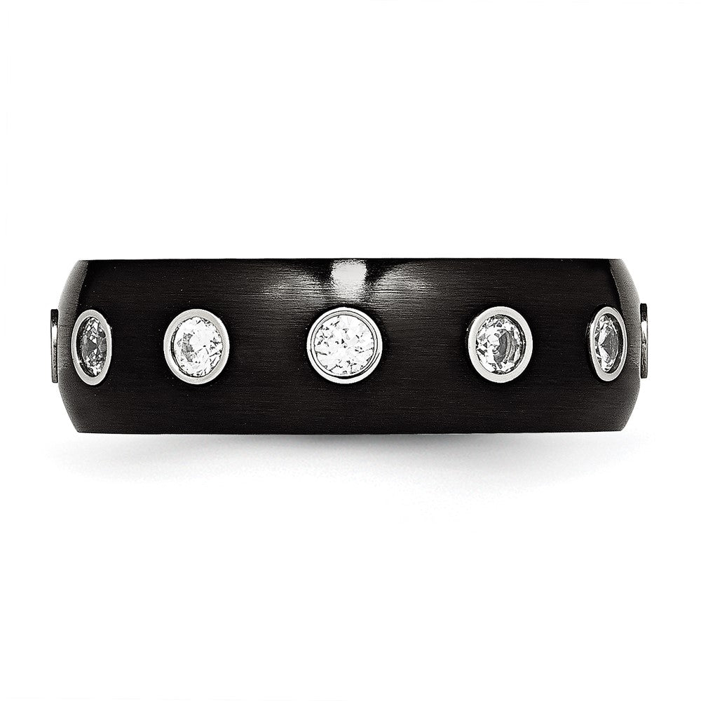 Chisel Stainless Steel Brushed and Polished Black IP-plated CZ Half Round 7mm Band