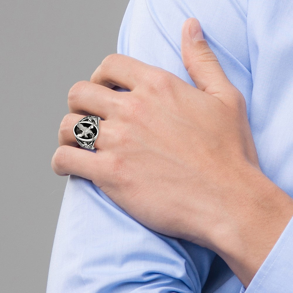 Chisel Stainless Steel Polished and Textured Enameled Eagle Ring