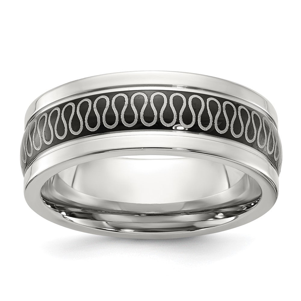 Chisel Stainless Steel Polished Black IP-plated Swirl Pattern 8mm Band