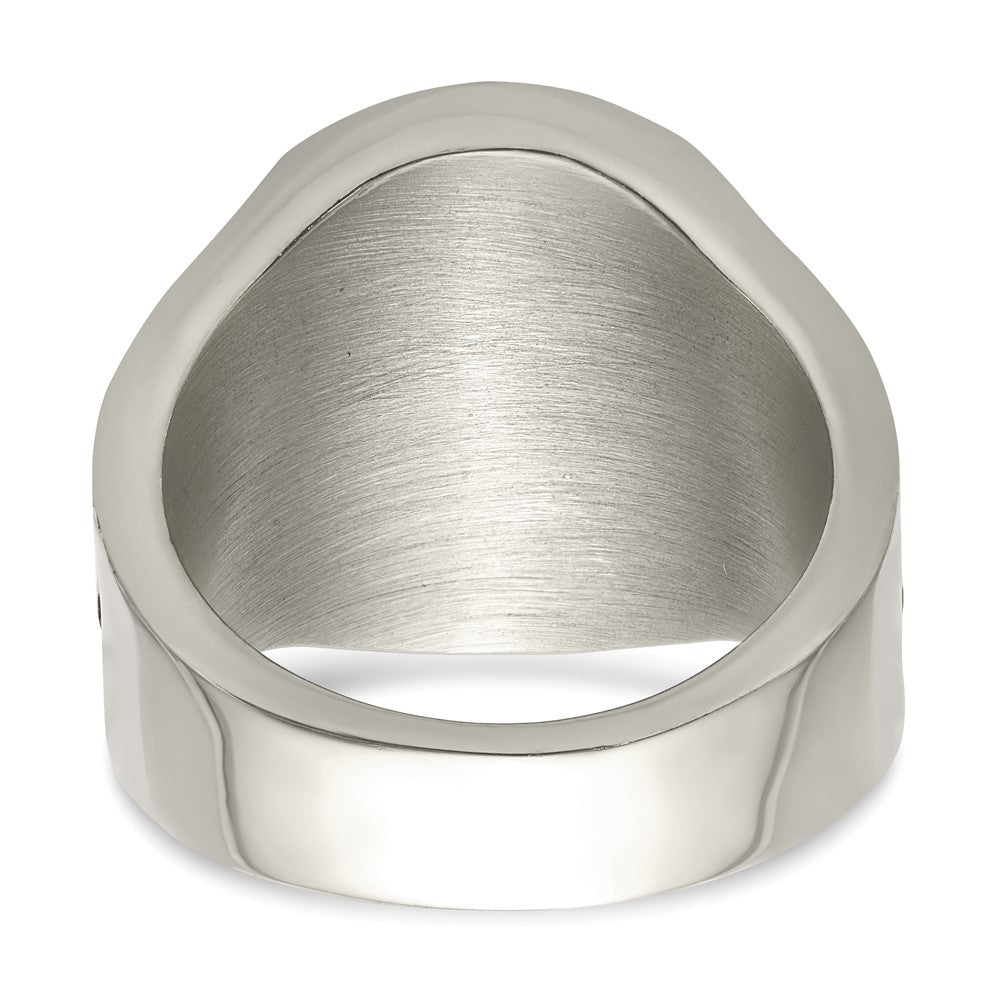 Chisel Stainless Steel Antiqued and Polished with Red Enamel Cross and Shield Ring