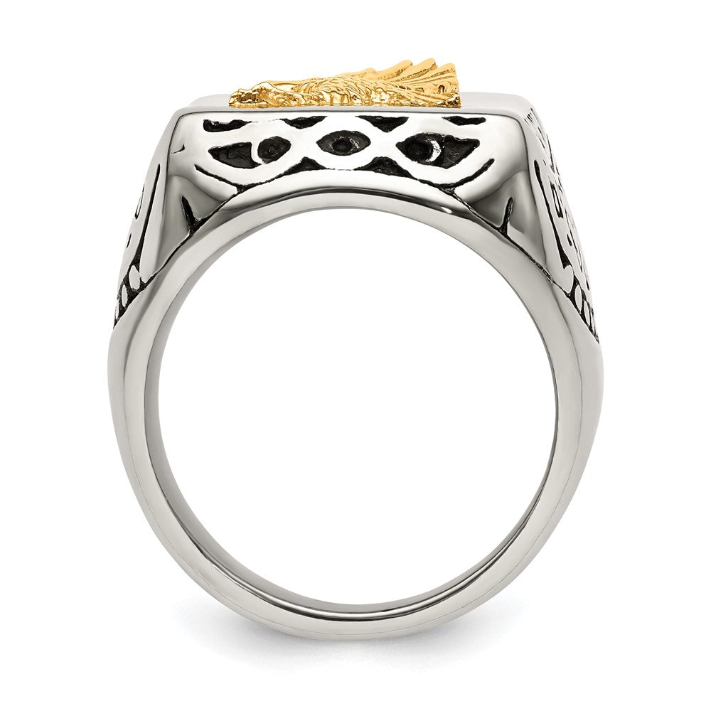 Chisel Stainless Steel with 14k Yellow Gold Accent Antiqued and Polished Eagle Ring