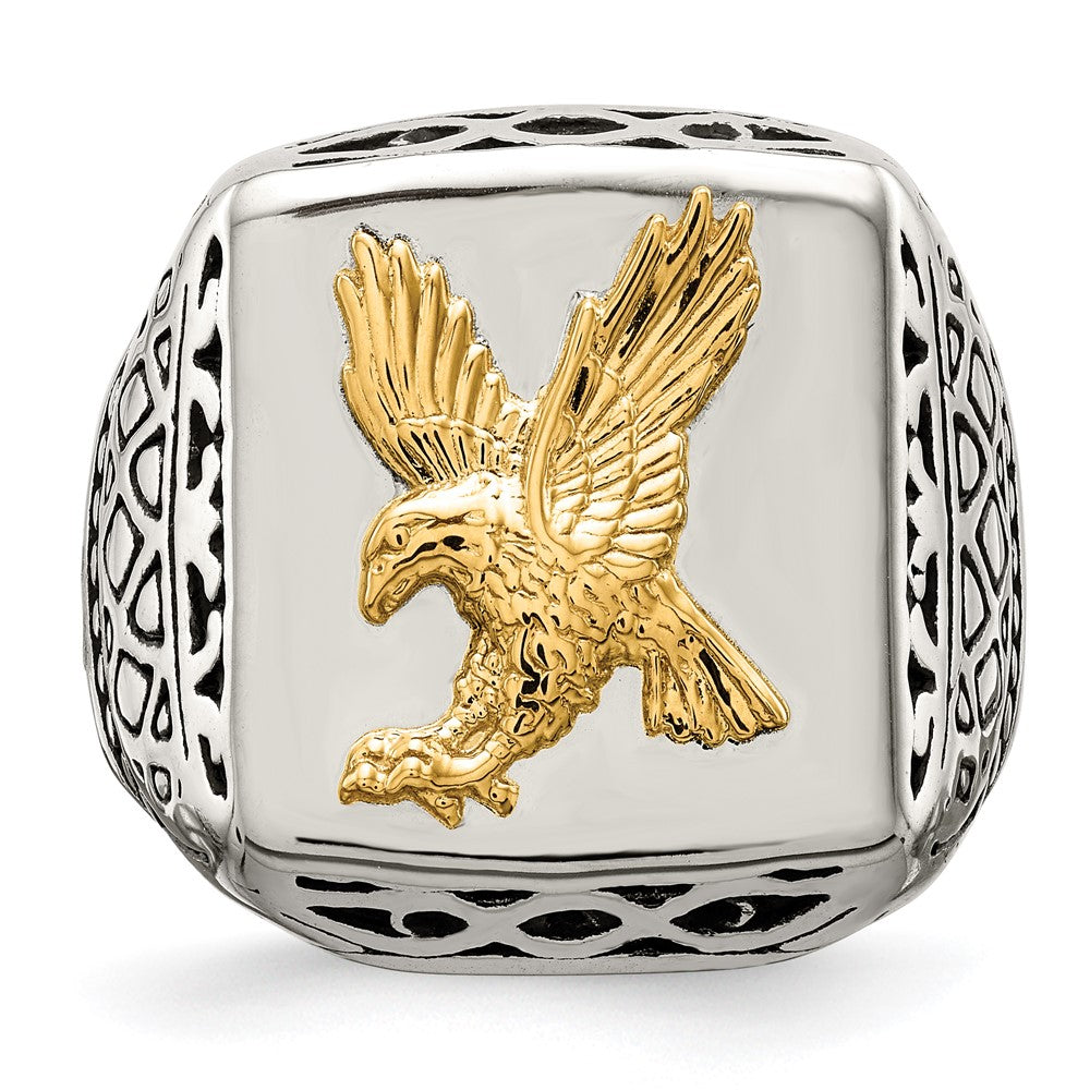 Chisel Stainless Steel with 14k Yellow Gold Accent Antiqued and Polished Eagle Ring