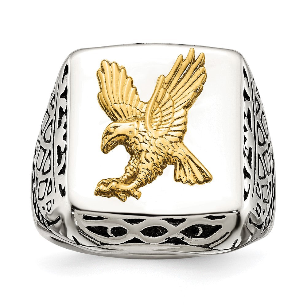 Chisel Stainless Steel with 14k Yellow Gold Accent Antiqued and Polished Eagle Ring