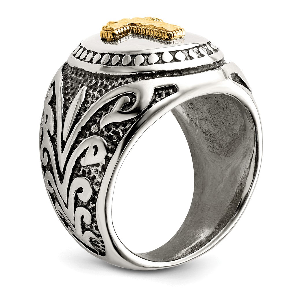 Chisel Stainless Steel with 14k Gold Accent Antiqued and Polished Cross Ring