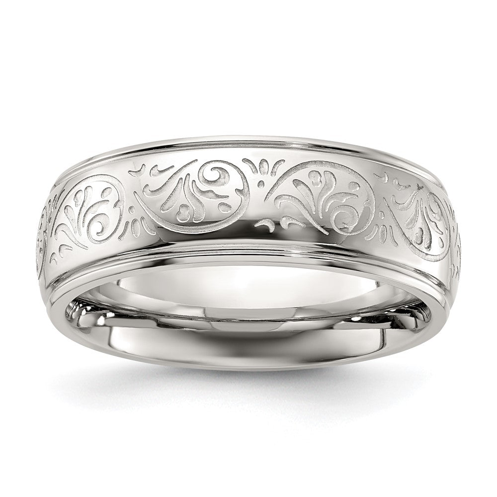 Chisel Stainless Steel Polished Etched Design Ridged Edge 7.5mm Band