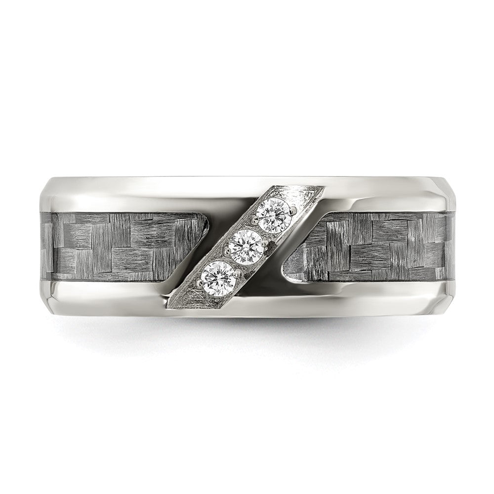 Chisel Stainless Steel Polsihed with Gray Carbon Fiber Inlay and CZ 8mm Band