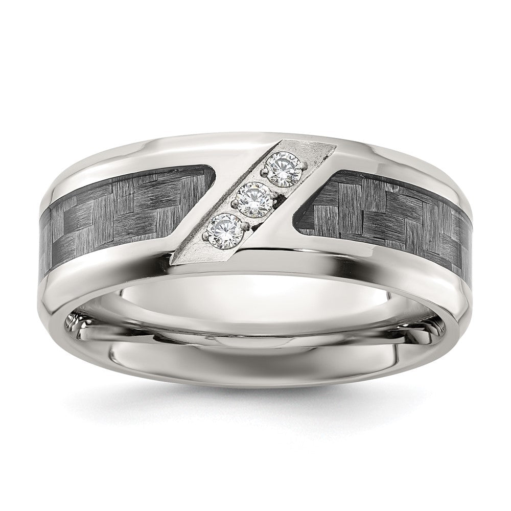 Chisel Stainless Steel Polsihed with Gray Carbon Fiber Inlay and CZ 8mm Band