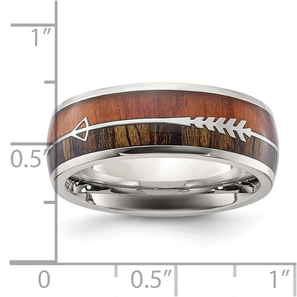 Chisel Stainless Steel Polished with Wood Inlay Arrow 8mm Band