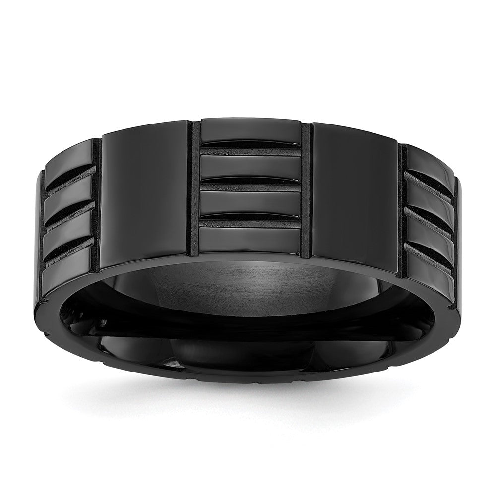 Chisel Stainless Steel Polished Black IP-plated Grooved 8mm Band