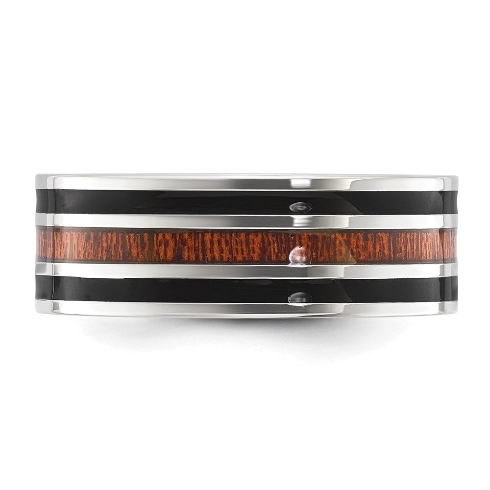 Chisel Stainless Steel Polished with Black Resin and Wood Inlay 8mm Band