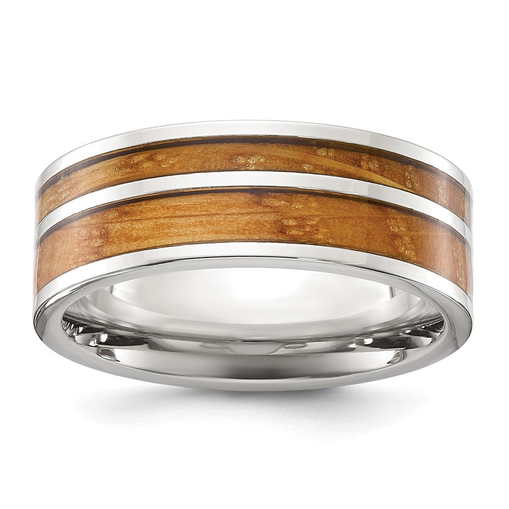 Chisel Stainless Steel Polished with Wood Inlay 8mm Band