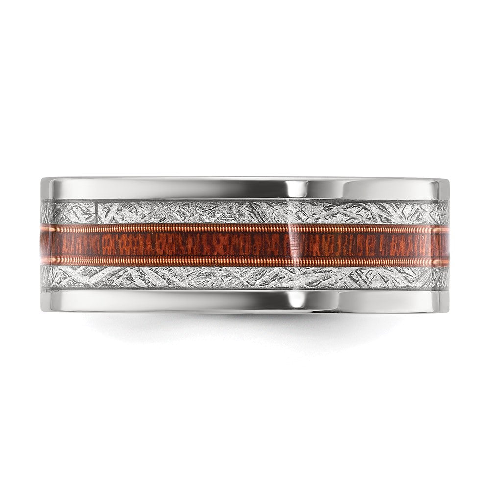 Chisel Stainless Steel Polished with Wood and Imitation Meteorite Inlay 8mm Band