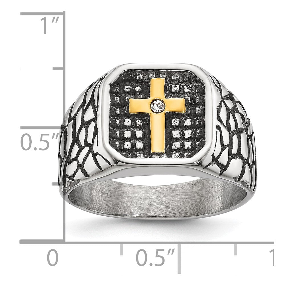 Chisel Stainless Steel Antiqued and Polished Yellow IP-plated with CZ Cross Signet Ring