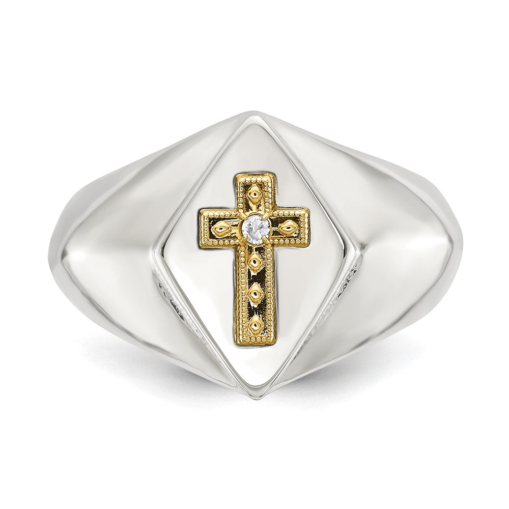 Chisel Stainless Steel Polished with 14K Gold Accent and .01ct. Diamond Cross Signet Ring