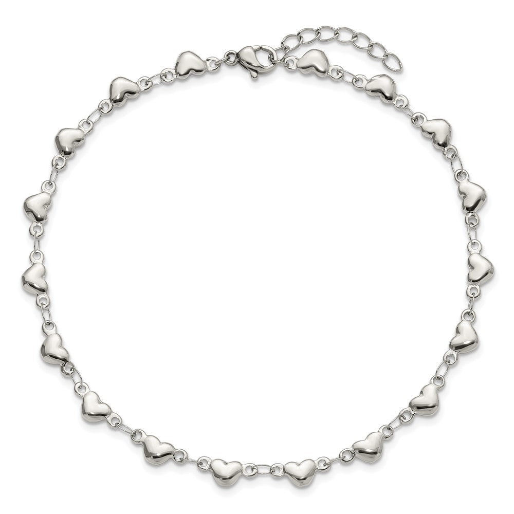 Chisel Stainless Steel Polished Hearts 9 inch Anklet Plus 1 inch Extension