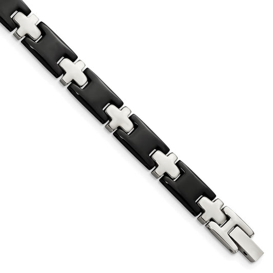 Chisel Stainless Steel Polished Black-plated 8 inch Cross Link Bracelet