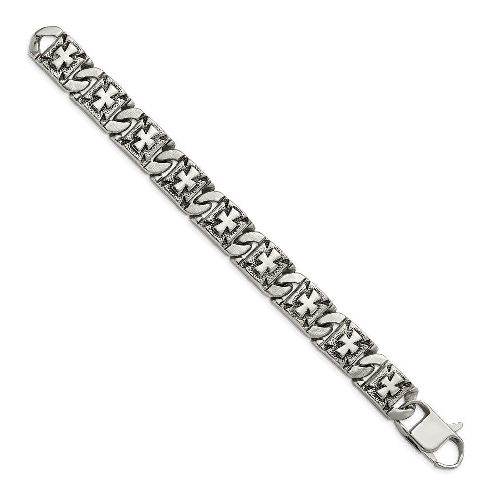 Chisel Stainless Steel Antiqued Polished and Textured 8.75 inch Cross Link Bracelet