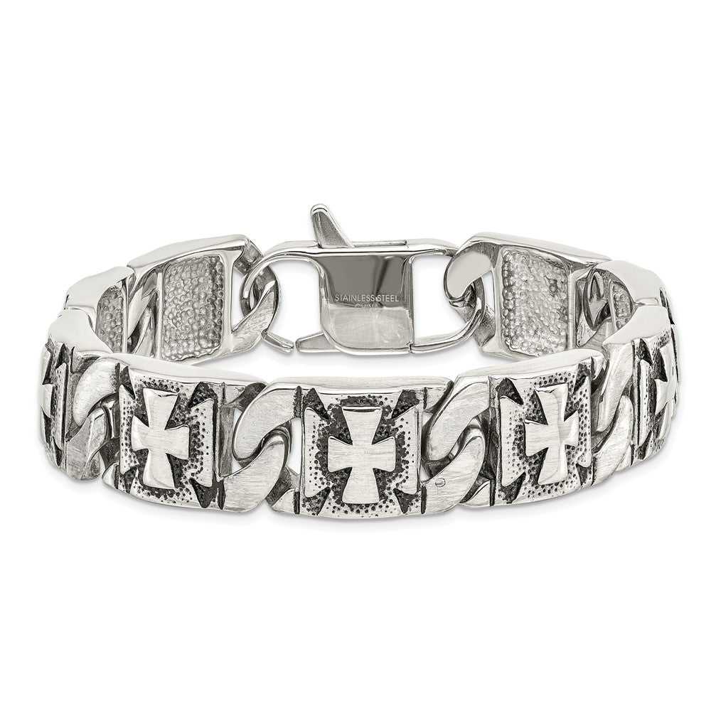 Chisel Stainless Steel Antiqued Polished and Textured 8.75 inch Cross Link Bracelet