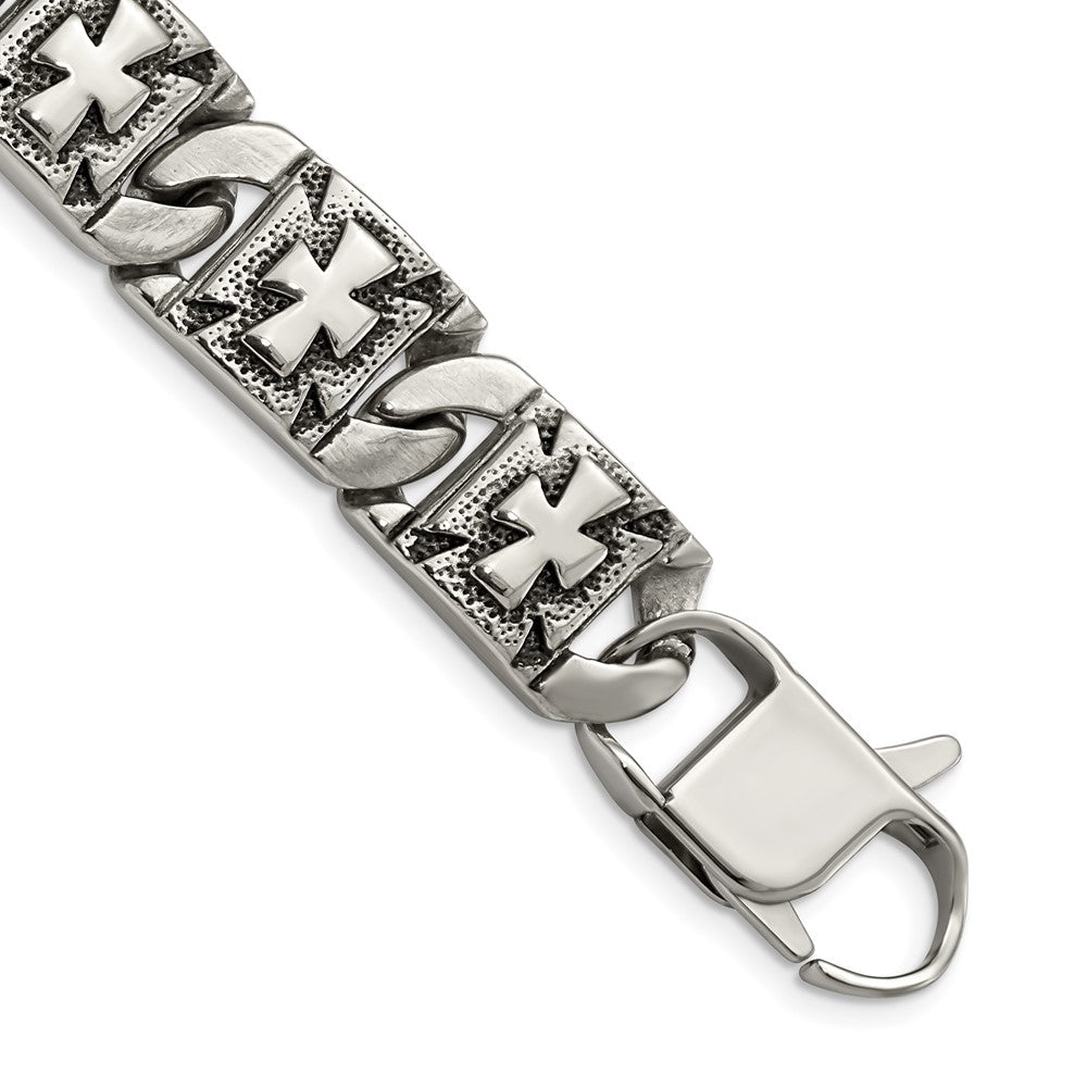 Chisel Stainless Steel Antiqued Polished and Textured 8.75 inch Cross Link Bracelet