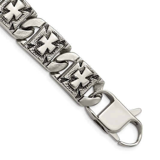 Chisel Stainless Steel Antiqued Polished and Textured 8.75 inch Cross Link Bracelet