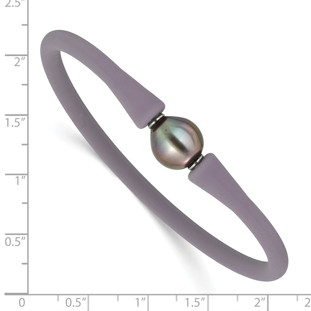 Stainless Steel 10-11mm Black Tahitian Pearl Grey Silicone Bracelet