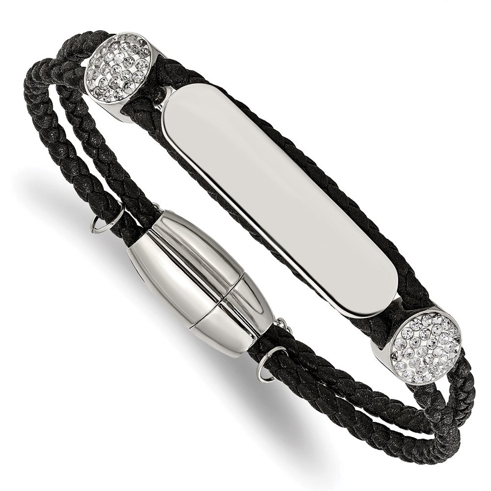 Chisel Stainless Steel Polished with Preciosa Crystal Black Woven Leather 7 inch ID Bracelet
