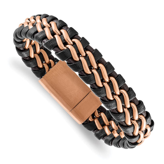 Chisel Stainless Steel Brushed Rose IP-plated Dark Brown Leather 8.5 inch Bracelet