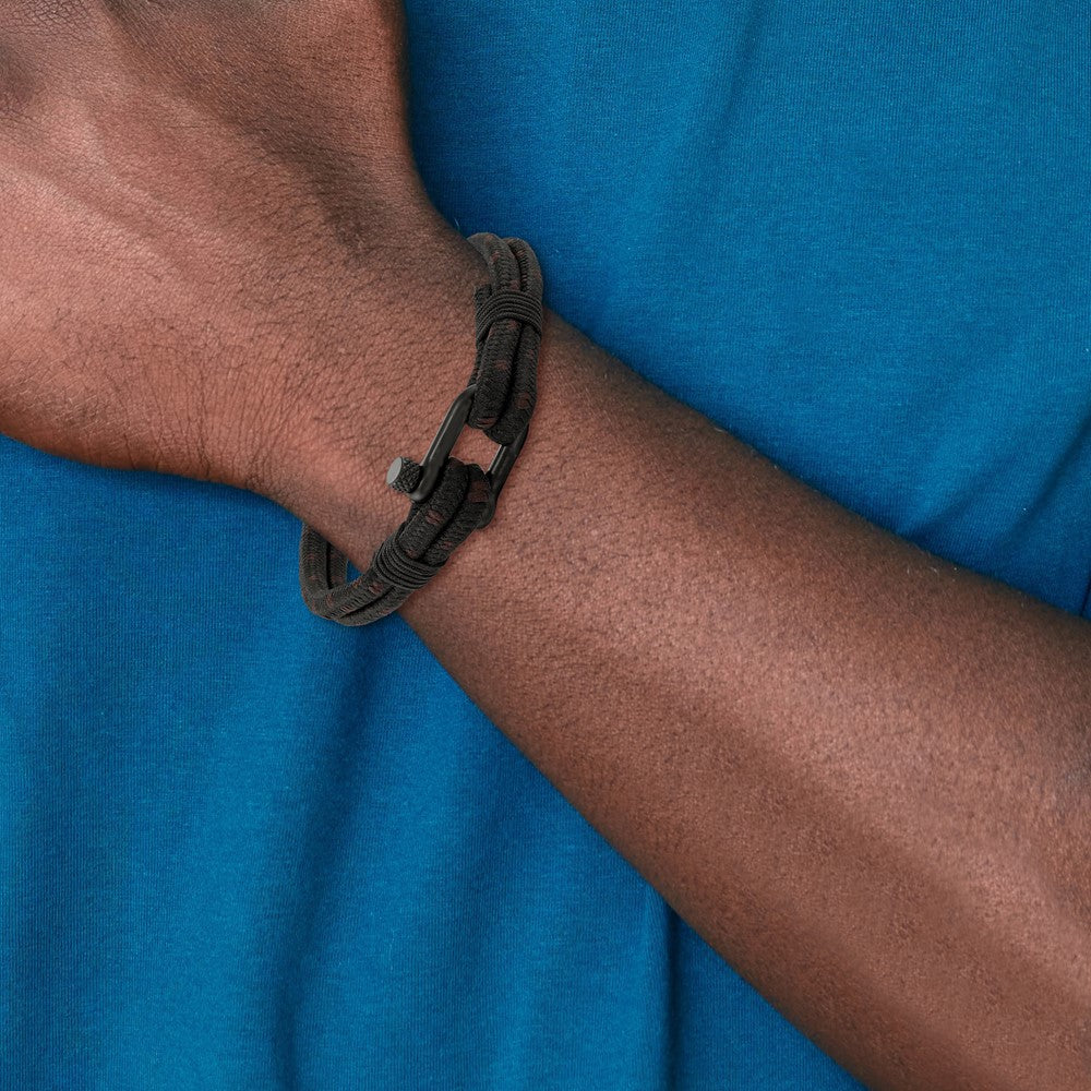 Chisel Stainless Steel Polished Black IP-plated Black Woven Nylon and Cotton 8.5 inch Bracelet