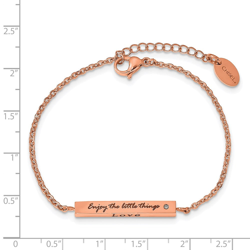Chisel Stainless Steel Polished Rose IP-plated with CZ LOVE DREAM LAUGH Enjoy the little things 7 inch Bracelet with 1.5 inch Extension