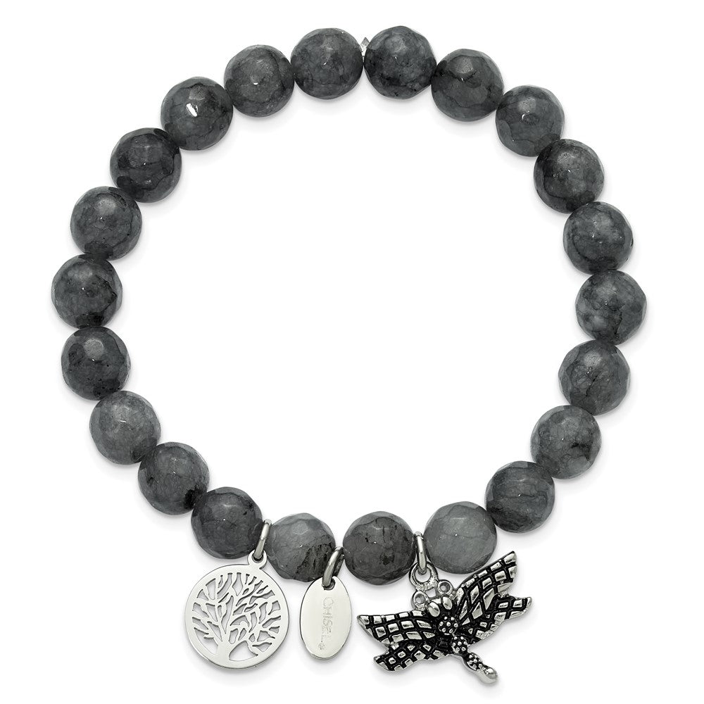 Chisel Stainless Steel Antiqued and Polished Dragonfly and Tree of Life 8mm Grey Dyed Jade Beaded Stretch Bracelet
