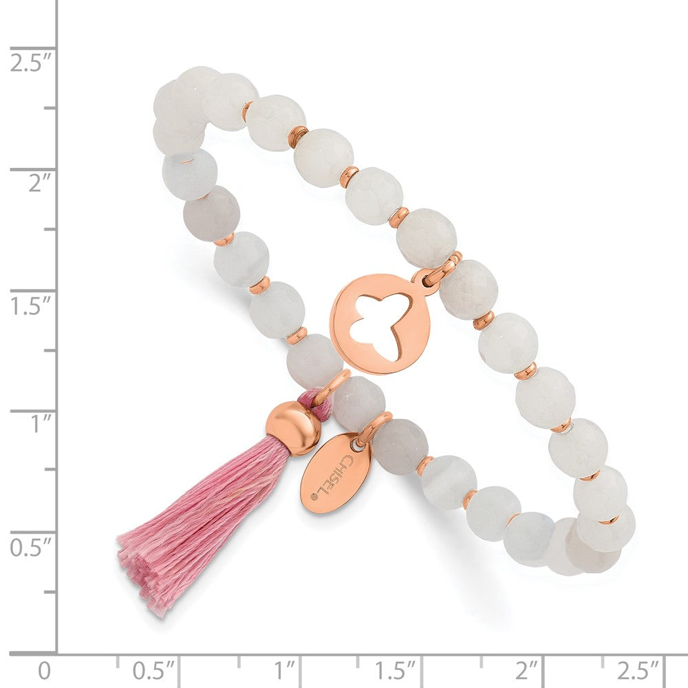 Chisel Stainless Steel Polished Rose IP-plated Butterfly 6mm Pink Agate Beaded Stretch Bracelet with Tassel